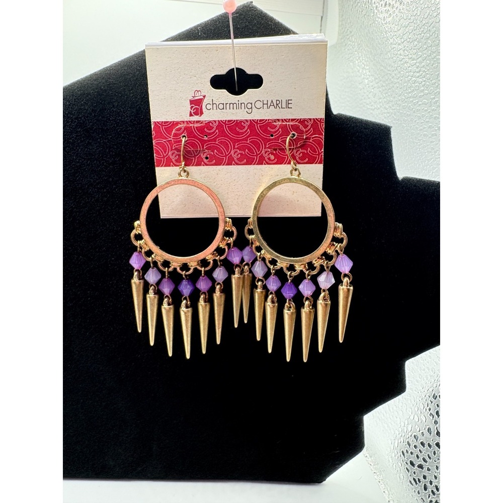 Charming Charlie BOHO Gold Hoop Earrings Purple Bead & Cone Charms